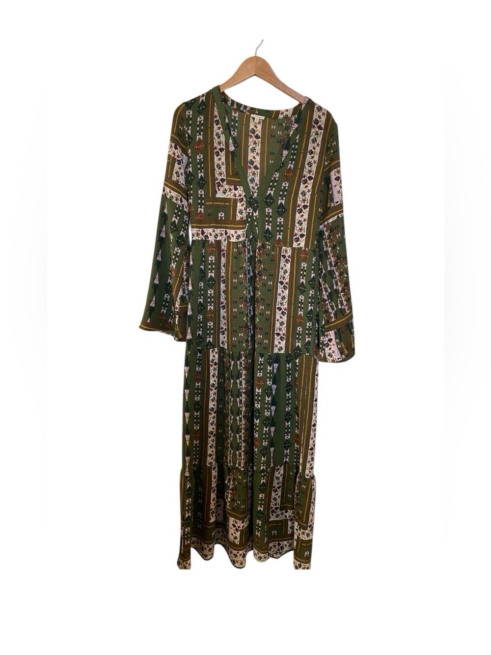 Olive Green Patchwork Print Maxi Dress V-Neck Hippie Fun Style long Sleeve